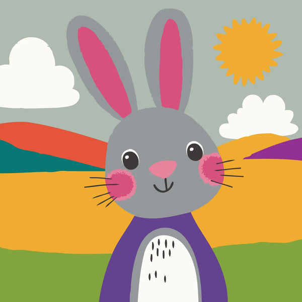 Cute cartoon rabbit in colorful landscape with sun and clouds