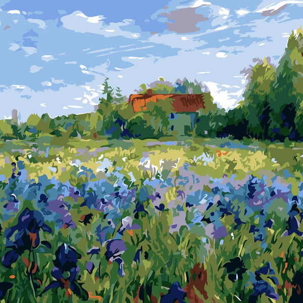 Impressionist painting of a vibrant wildflower field with a farmhouse