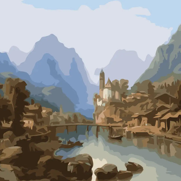 Scenic painting of a village by a lake with mountains
