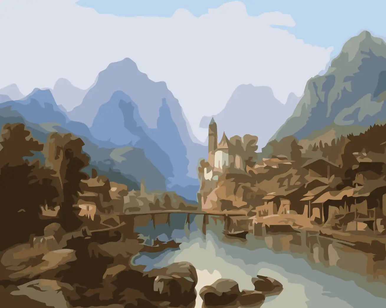 Scenic painting of a village by a lake with mountains