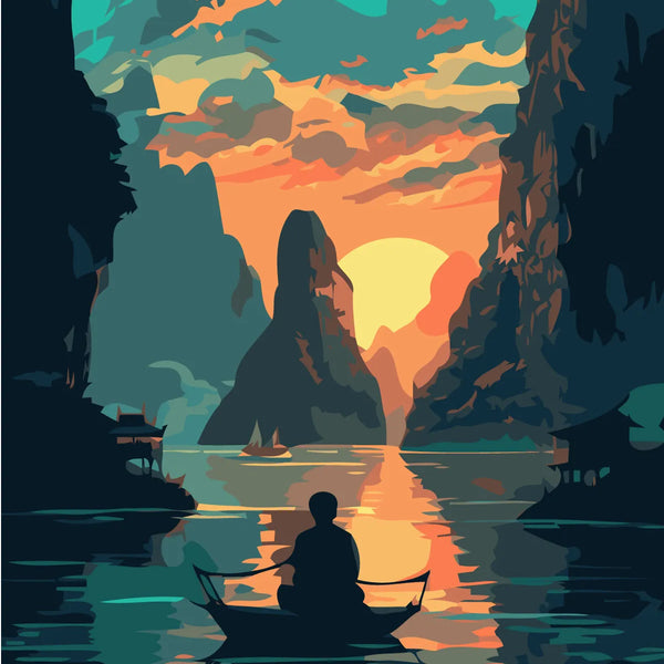 Silhouetted person rowing a boat through cliffs at sunset