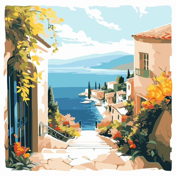 Scenic Mediterranean coastal village with blue sea and lush greenery