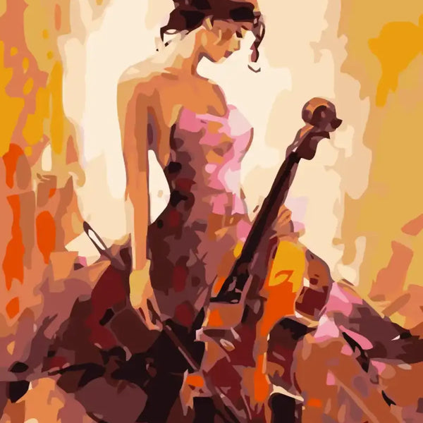 Stylized painting of a woman in a dress playing the cello