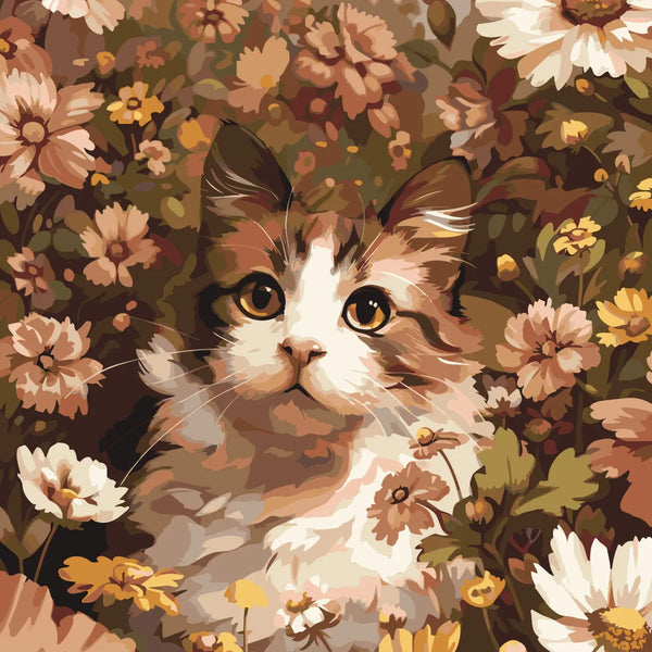 Realistic painting of a fluffy cat surrounded by blooming flowers