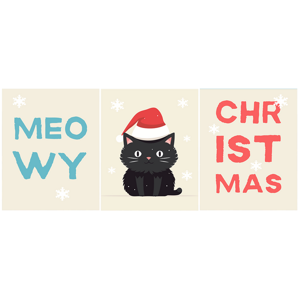 Cute black cat wearing Santa hat with "Meowy Christmas" text