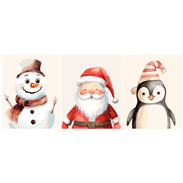 Watercolor painting of Santa, snowman, and penguin in festive hats