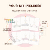 Artspark Merry Drive paint by numbers kit including brushes, numbered paint pots, color guide, and six festive car-themed canvases — ideal DIY Christmas decor for art lovers.