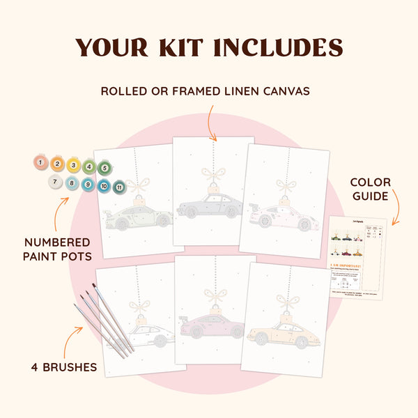 Artspark Merry Drive paint by numbers kit including brushes, numbered paint pots, color guide, and six festive car-themed canvases — ideal DIY Christmas decor for art lovers.
