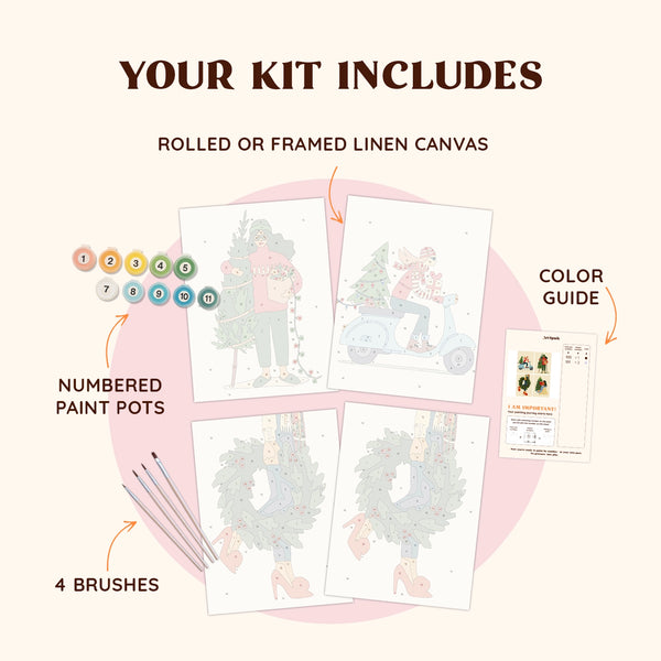 Artspark Merry Mood paint by numbers kit including brushes, paints, and color guide — relaxing DIY art project with cozy Christmas scenes and warm holiday tones.