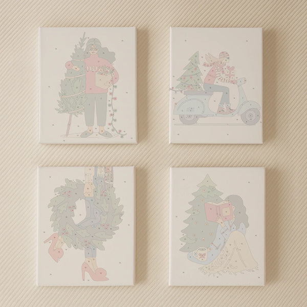 Merry Mood paint by numbers set of 4 mini canvases by Artspark featuring cozy festive scenes — decorating, reading by the tree, and Christmas deliveries ready to paint.