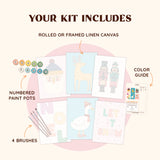 Artspark Merry Time paint by numbers kit with brushes, paints, and color guide — a pastel Christmas art project including Santa, reindeer, nutcrackers, and festive lettering for cozy home decor.