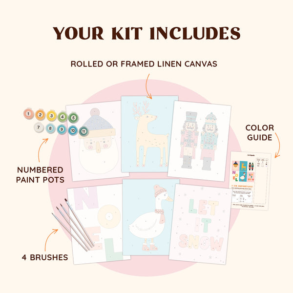 Artspark Merry Time paint by numbers kit with brushes, paints, and color guide — a pastel Christmas art project including Santa, reindeer, nutcrackers, and festive lettering for cozy home decor.