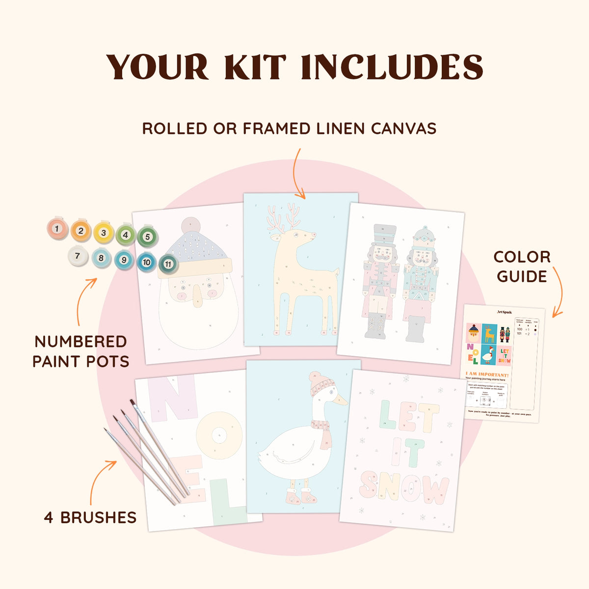Artspark Merry Time paint by numbers kit with brushes, paints, and color guide — a pastel Christmas art project including Santa, reindeer, nutcrackers, and festive lettering for cozy home decor.