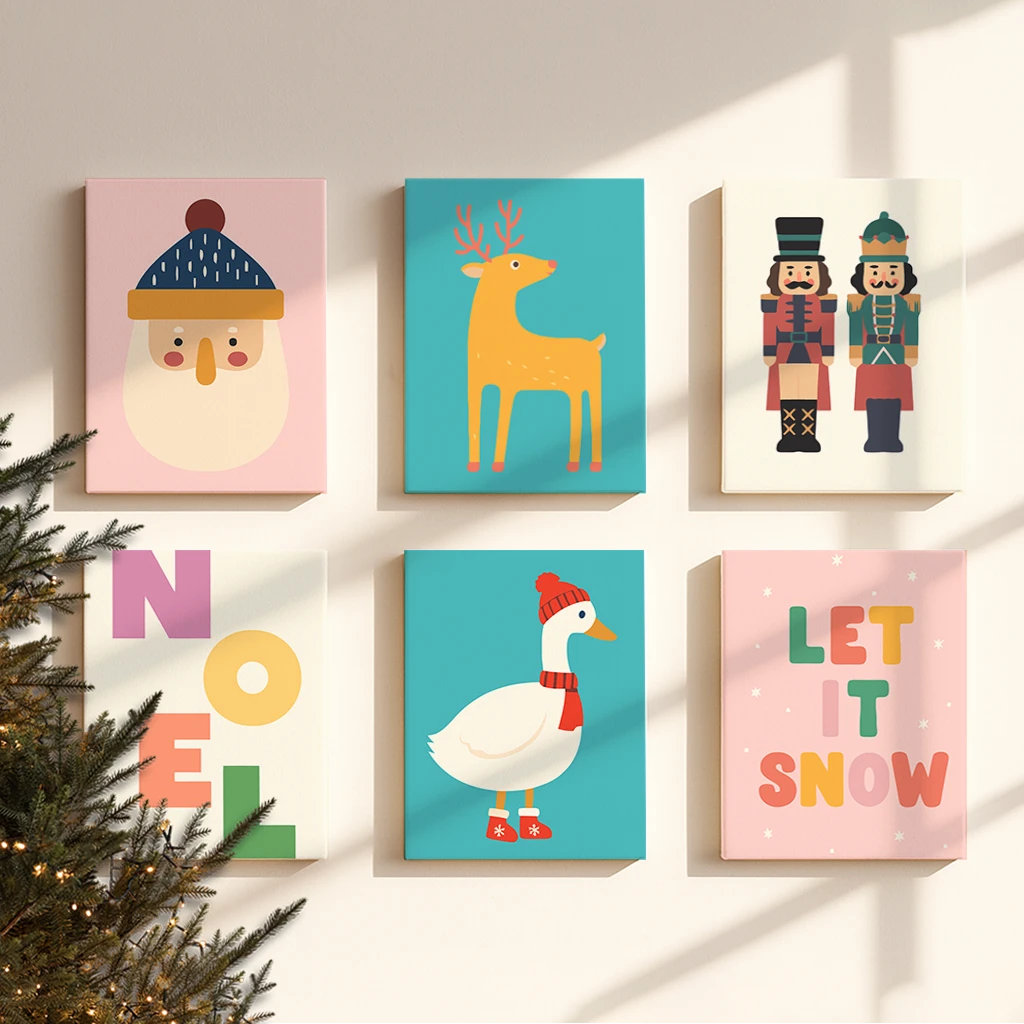 Completed Merry Time paint by numbers canvases by Artspark showing cheerful pastel Christmas designs — Santa, reindeer, goose, nutcrackers, and festive quotes for modern holiday wall art.
