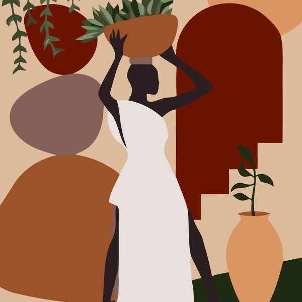 Minimalist abstract painting of a woman carrying a basket of plants