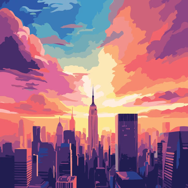 Vibrant digital painting of a city skyline at sunset