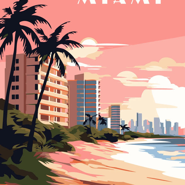 Vibrant digital painting of Miami beach skyline with palm trees