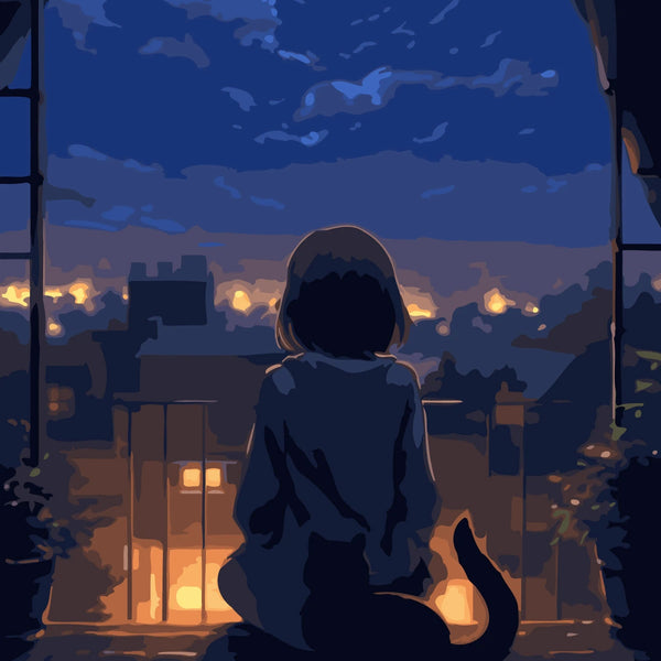 Silhouetted girl and cat watching city lights from balcony at night
