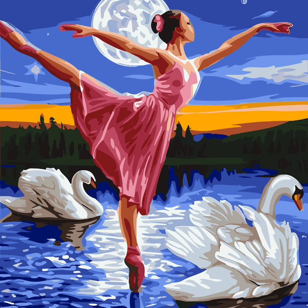 Ballerina dancing on water with swans under moonlight