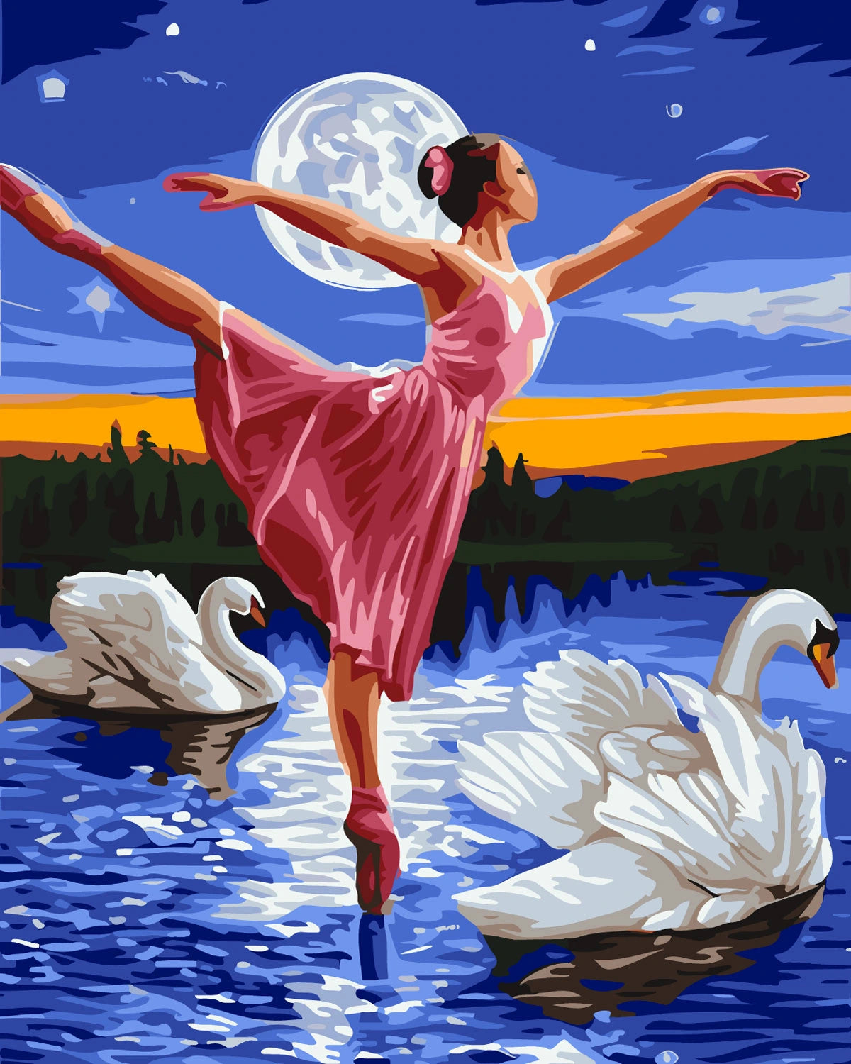 Ballerina dancing on water with swans under moonlight