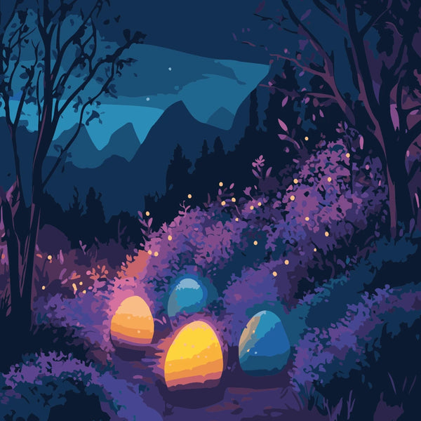 Midnight Hunt Easter Paint by Numbers Kit featuring a glowing forest scene with illuminated Easter eggs and a moonlit mountain backdrop.