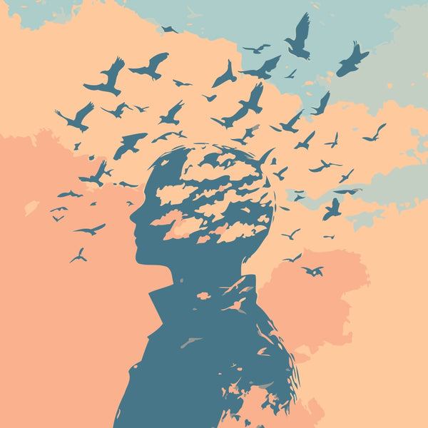 Mind Flight Paint by Numbers Kit featuring a silhouette dissolving into birds soaring through soft pastel skies.