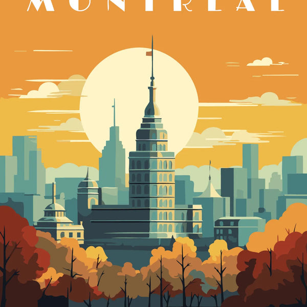 Stylized digital painting of Montreal skyline with autumn trees and sunset