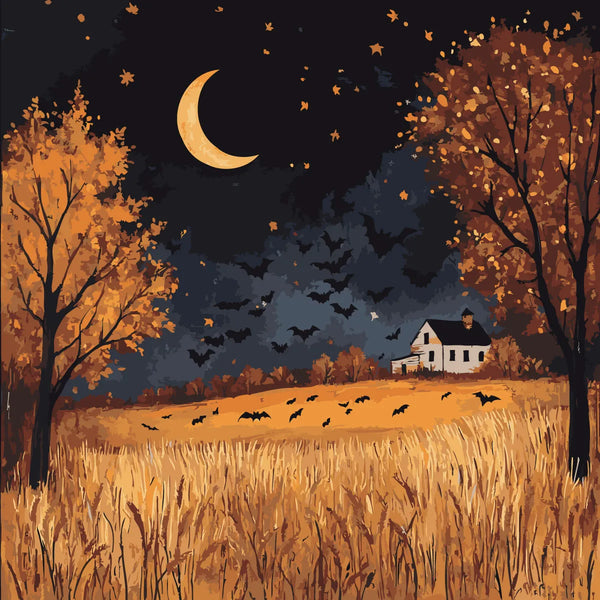 Spooky autumn landscape with crescent moon, bats, and a farmhouse
