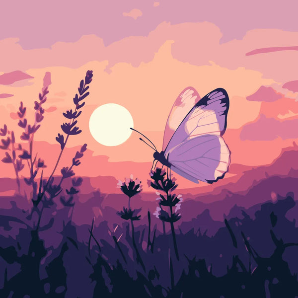 A delicate butterfly rests on a lavender stem, illuminated by the soft glow of the moon at sunset, creating a tranquil and dreamy atmosphere.