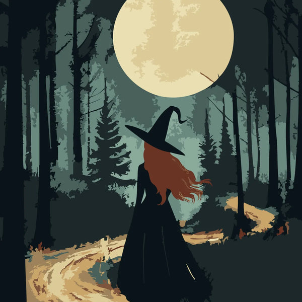 Mysterious witch walking through a dark forest under a full moon