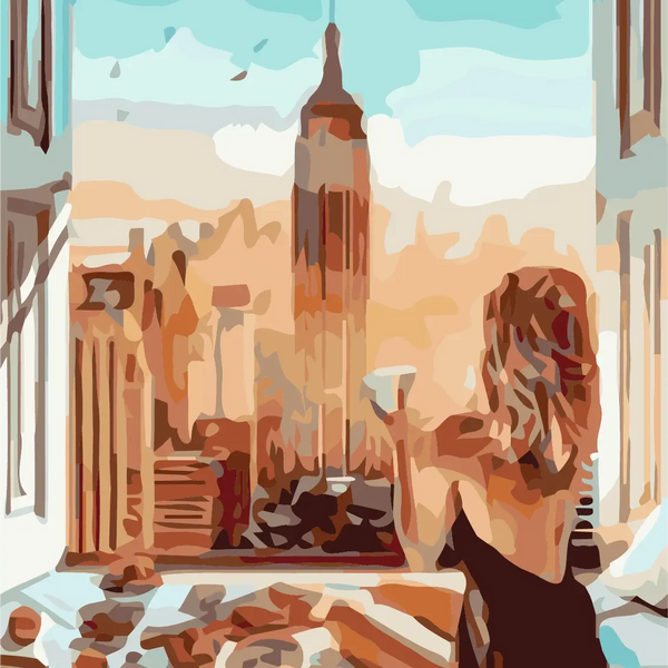 Woman enjoying coffee in bed with Empire State Building view