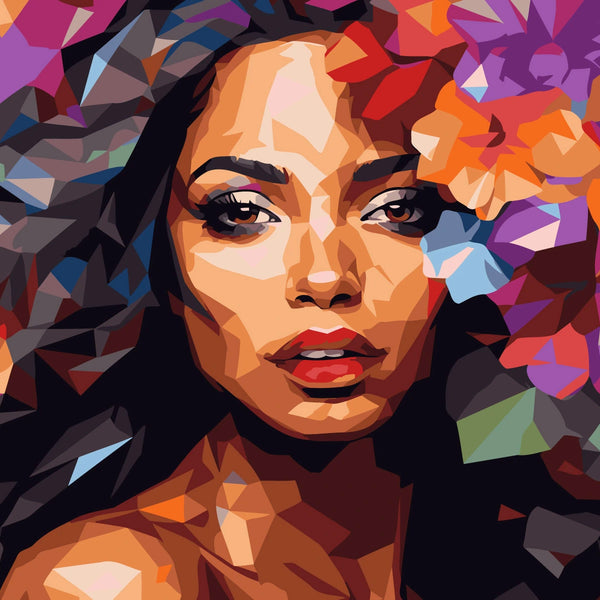 Vibrant geometric portrait of a woman with colorful flowers