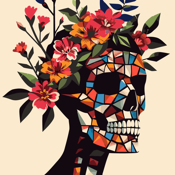 Colorful mosaic skull with vibrant flowers growing from it