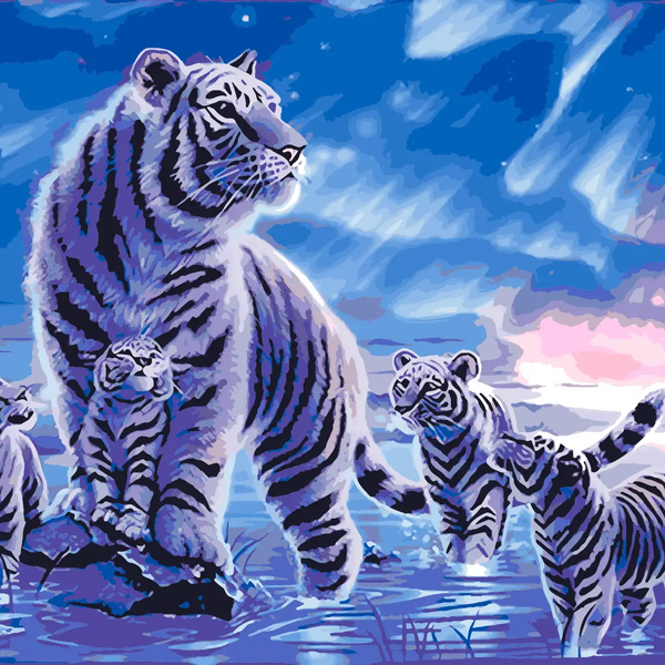 Majestic white tiger with cubs in a glowing moonlit landscape