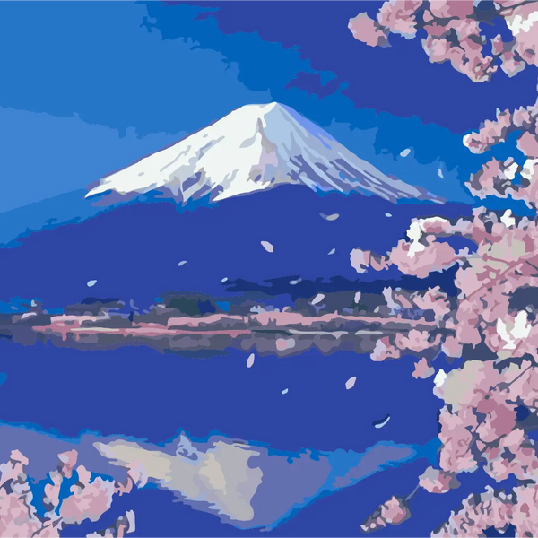 Snow-capped Mount Fuji with cherry blossoms and serene lake reflection