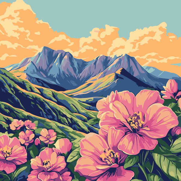 Vibrant pink flowers in a lush mountain landscape at sunset
