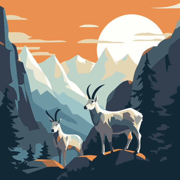 Mountain goats standing on rocky cliffs with a sunset backdrop