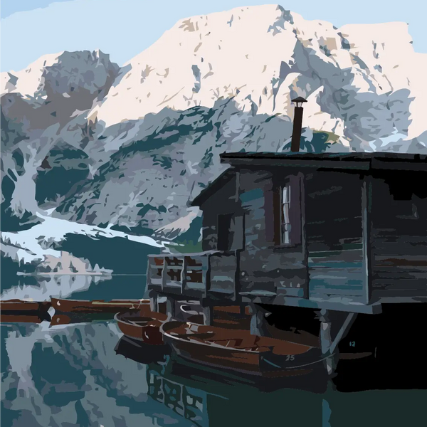 Rustic cabin by a mountain lake with wooden boats