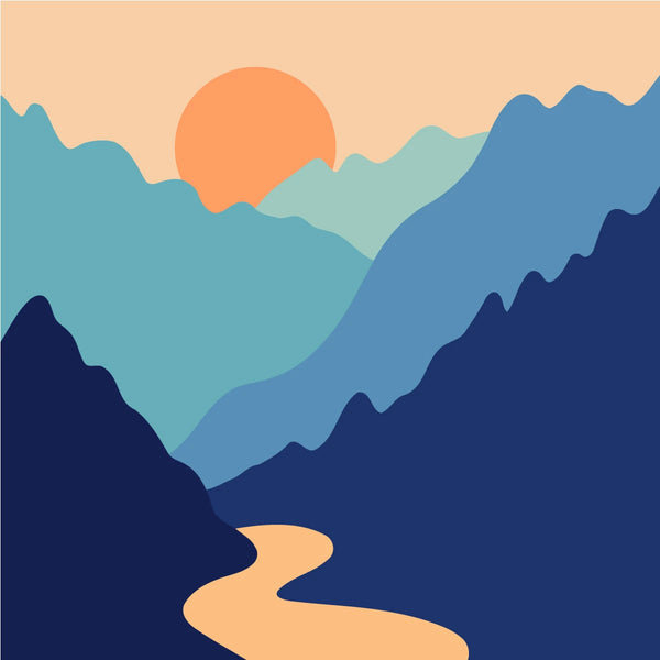Minimalist sunset over layered mountains with a winding river