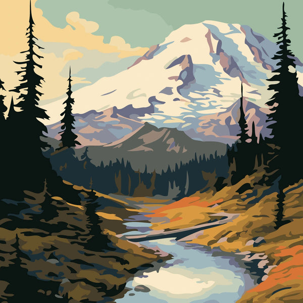 Snow-capped mountain with a winding river and tall pine trees