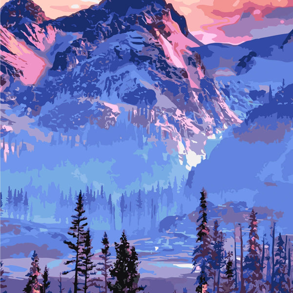 Vibrant mountain landscape with tall trees and a colorful sunset