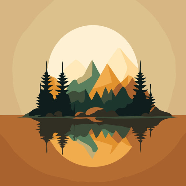 Minimalist landscape with mountains, pine trees, and lake reflection at sunset