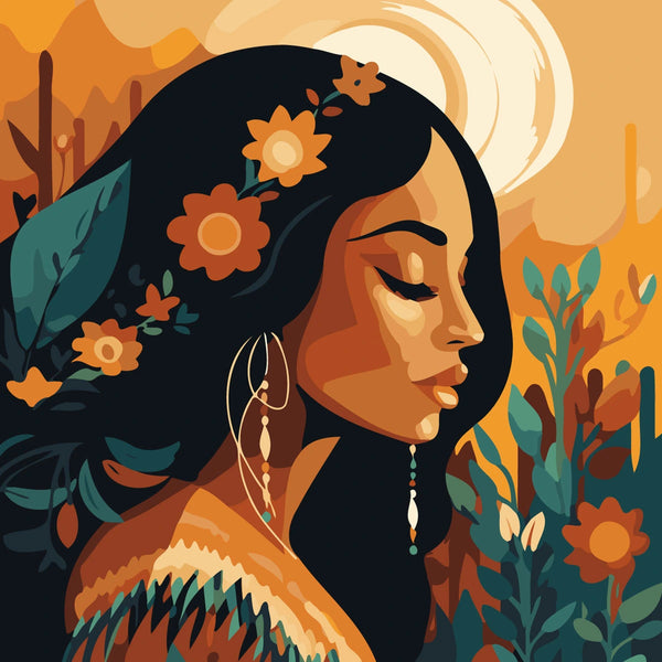 Portrait of a serene woman with floral hair in warm tones