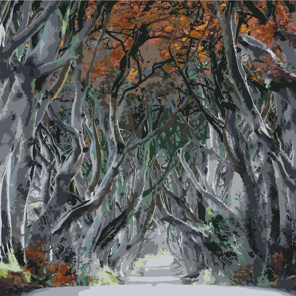 Enchanted tree tunnel with autumn leaves and a misty path