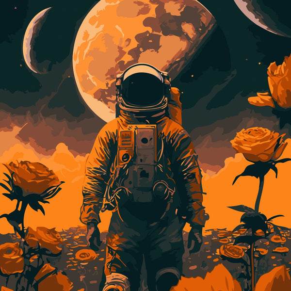 Astronaut exploring alien planet with giant roses and glowing moons