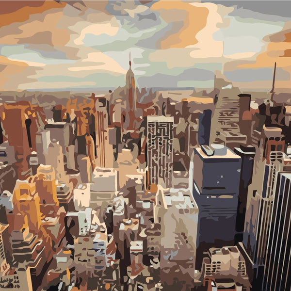 Abstract cityscape painting of New York skyline at sunset