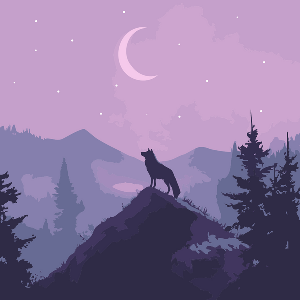 A lone wolf stands atop a mountain peak, silhouetted against a crescent moon and starry night sky, surrounded by misty purple mountains and pine trees.