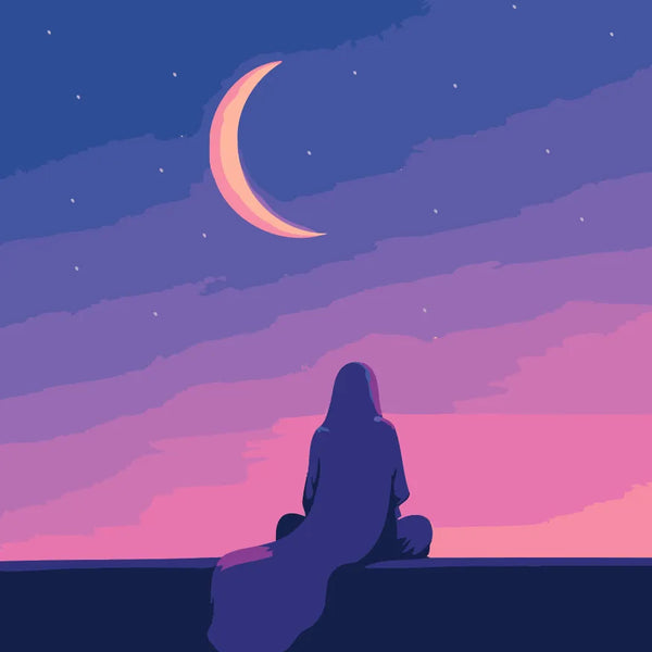 A veiled figure sits in quiet reflection beneath a glowing crescent moon, surrounded by soft purple and pink hues, evoking a peaceful, spiritual ambiance.
