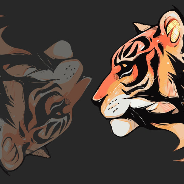 Stylized tiger in profile with a mirrored shadow reflection on a dark background. Designed by Kalinina for the Night Roar paint by numbers kit.