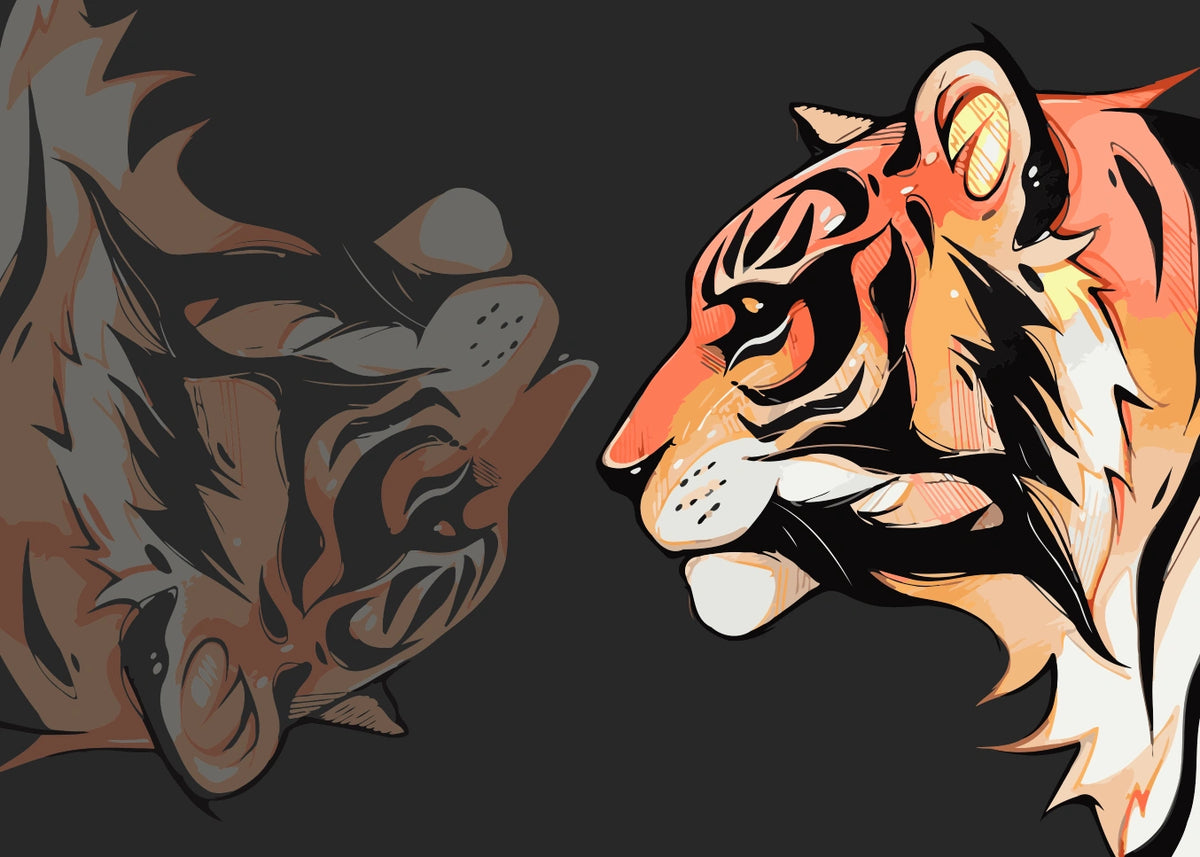 Stylized tiger in profile with a mirrored shadow reflection on a dark background. Designed by Kalinina for the Night Roar paint by numbers kit.